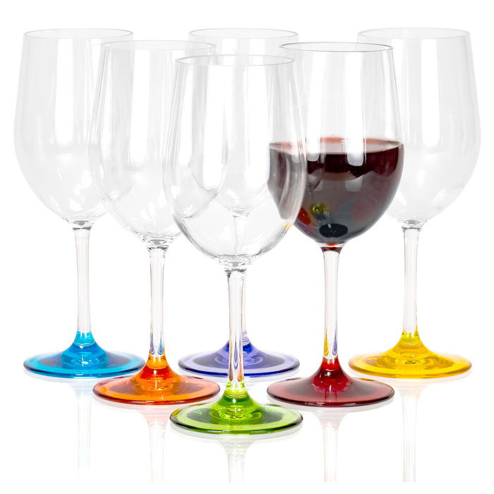 Red Co. Classic Tulip Shaped Long Stem Clear Plastic Outdoors Break Resistant Wine Glass with Multicolor Base, Set of 6 - 12 oz.