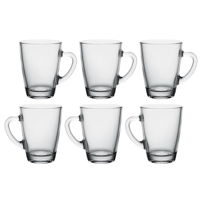 Vega Modern Clear Glass Mug with Handle, Coffee Tea Hot or Cold Drinks, Set of 6, 10 oz