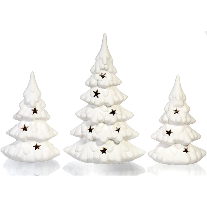 Red Co. Set of 3 Porcelain White Decorative Christmas Trees with Warm LED Glow