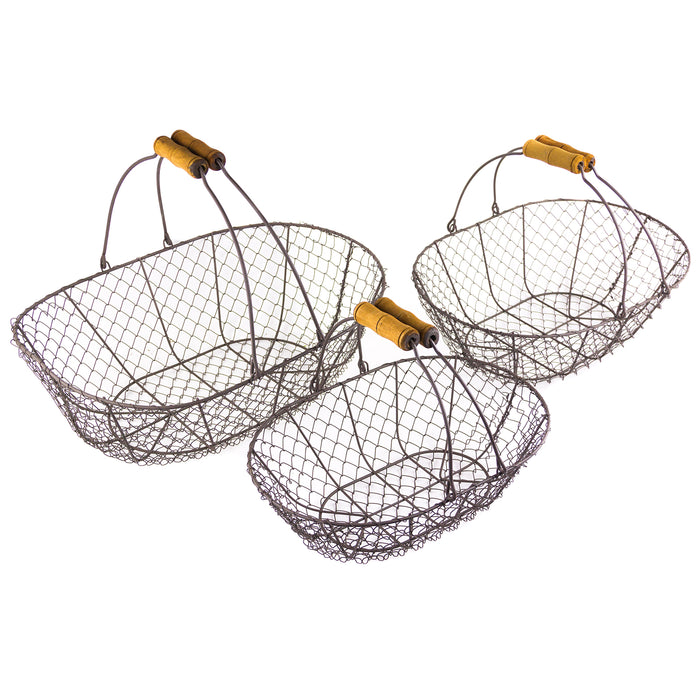 Red Co. All-Purpose Display Basket Bin, Gray Metal Wire with Two Wood Handles, Oval Shape and Stackable, Set of 3, Small- 5 Inches, Medium- 6 Inches and Large- 7 Inches