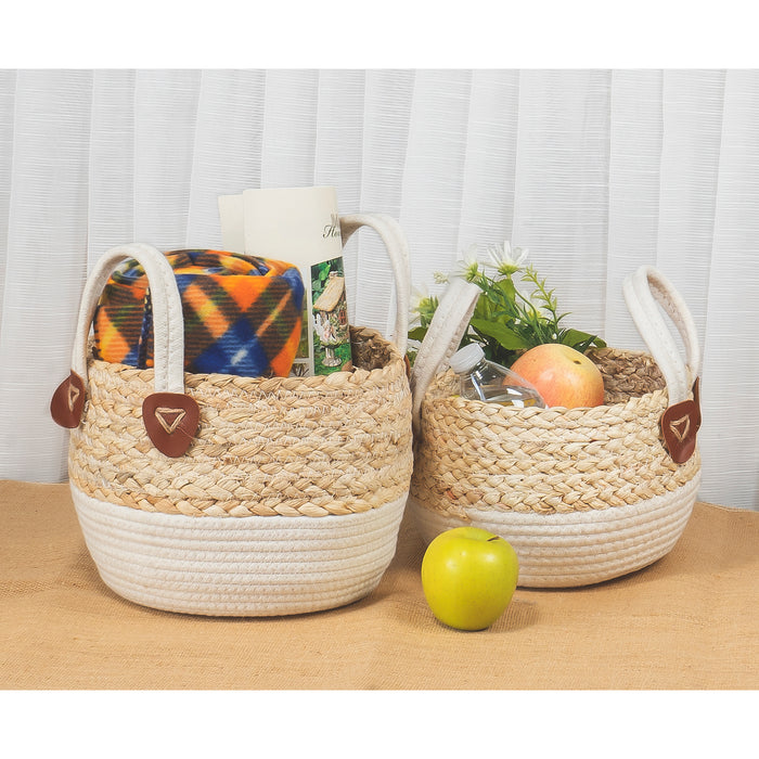 Red Co. Set of 2 Decorative 10” and 9” Round Nesting Seagrass Storage Baskets with Handles, Beige / White