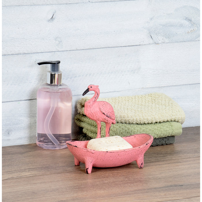 Red Co. Cast Iron Pink Flamingo Soap Dish for Bathroom Sink, Shower, Sponge Holder for Kitchen Counter