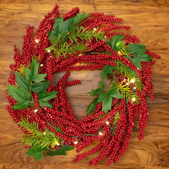 Red Co. 20" Christmas Wreath with Battery Operated LED Lights, Artificial Home Décor for Fall Winter