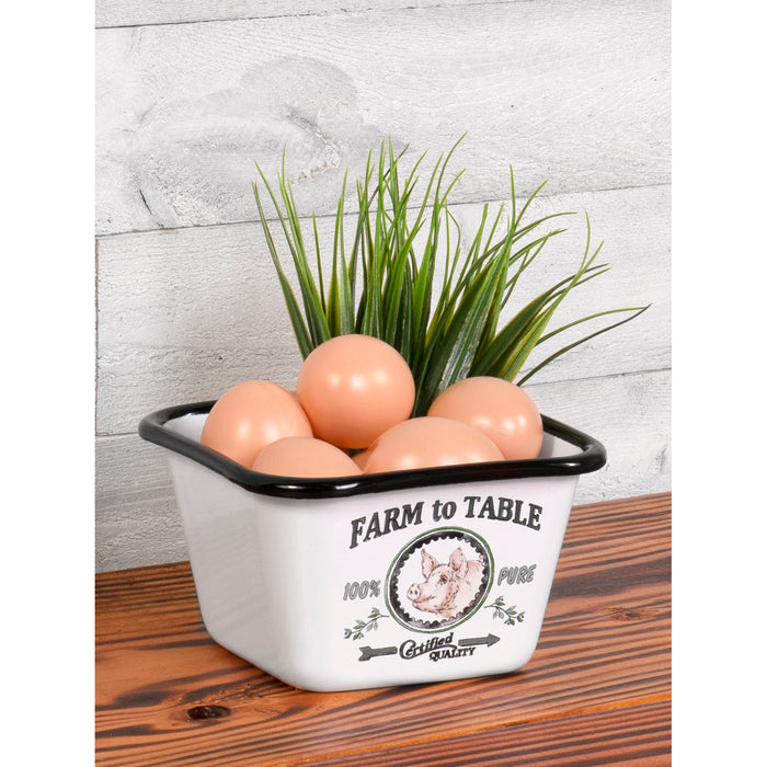 Red Co. All-Purpose Small Square Metal Bowl with Farm to Table Logo, Solid White/Black Rim, 5.75-Inch