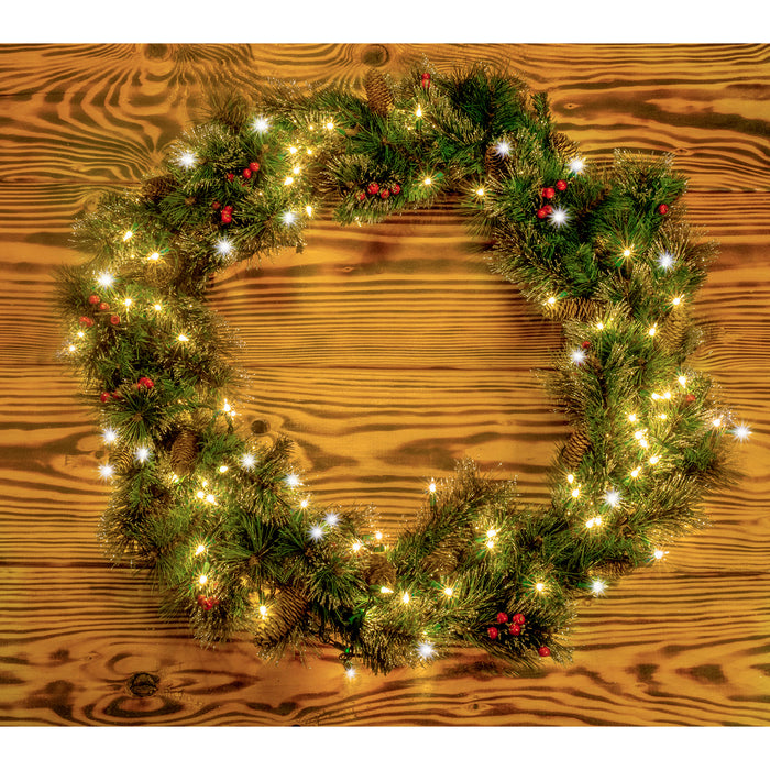 Red Co. 36 Inch Light-Up Christmas Wreath with Pinecones & Pine, Plug-in Operated LED Lights