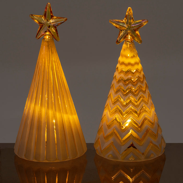 Red Co. Glass Christmas Tree Figurine Ornaments with Gold Star, Light-Up Holiday Season Decor, 5 Inches, Set of 2