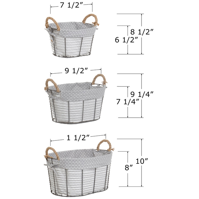 Red Co. Multi-Purpose Nesting Wire Metal Basket with Liners and Rope Handles Set of 3, Storage Containers, Home Organizers