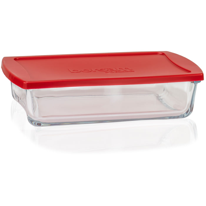 Red Co. 10.25” x 2.25” Clear Borosilicate Glass 1.4 Quart Baking Pan with Handles and Red Lid, Rectangular