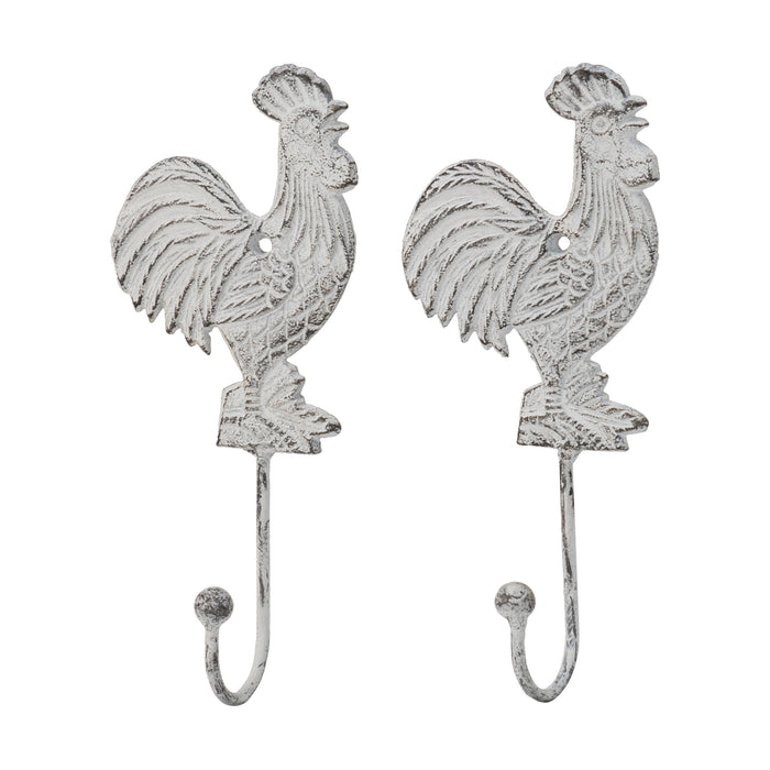 Red Co. Rustic Cast-Iron White Painted Rooster-Shaped Wall Hook Home Organizers - Set of 2