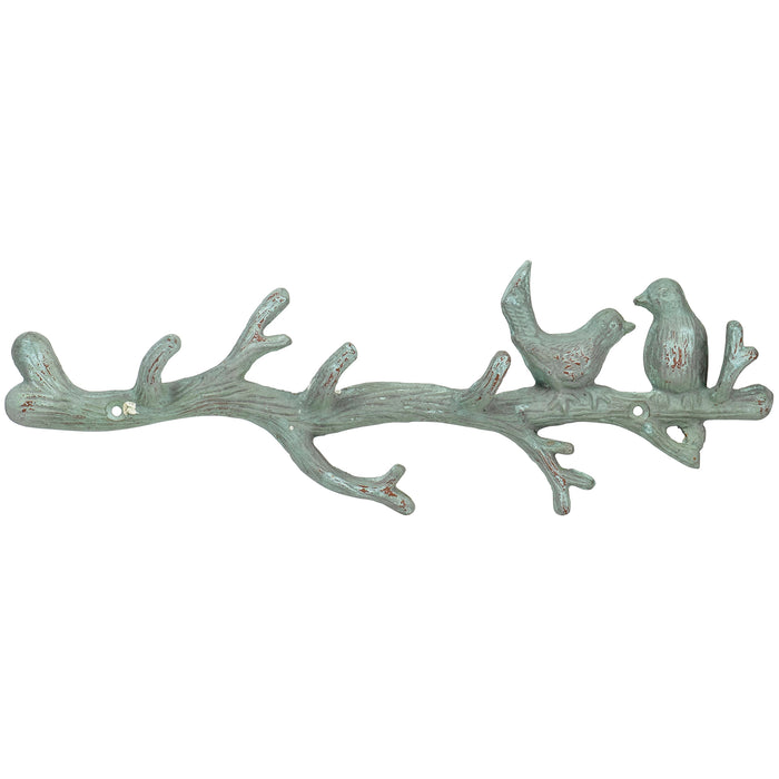 Red Co. Large Decorative Boho Style Verdigris Metal Wall Hanging Hook Rack for Coats, Hats, Keys, Towels, Clothes – Birds on Branch – 16.75 Inches