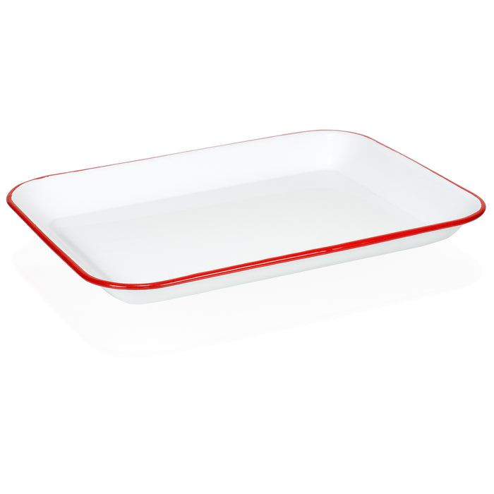 Red Co. 13.5” x 10” Enamelware Metal Classic 1.6-Quart Rectangular Serving Tray, Solid White/Red Rim