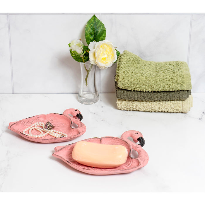 Red Co. Decorative Cast-Iron Pink Flamingo Soap and Sponge Dish for Bathroom Sink, Kitchen Counter – Set of 2 Sizes