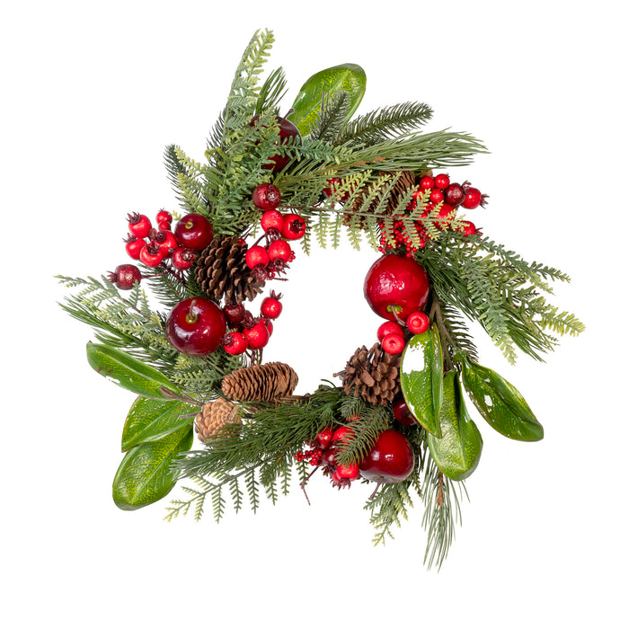 Artificial Winter Magnolia Pine Red Apple & Berries Front Door Wreath, Christmas Wall Decoration - 15 Inches