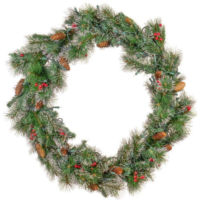 Red Co. 36 Inch Light-Up Christmas Wreath with Pinecones & Pine, Plug-in Operated LED Lights