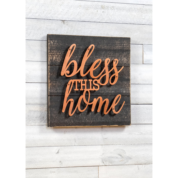 Red Co. Decorative Wall Plaque 14.25" x 14.25" Square Black Wooden Décor Sign with Bronze Letters- Bless This Home