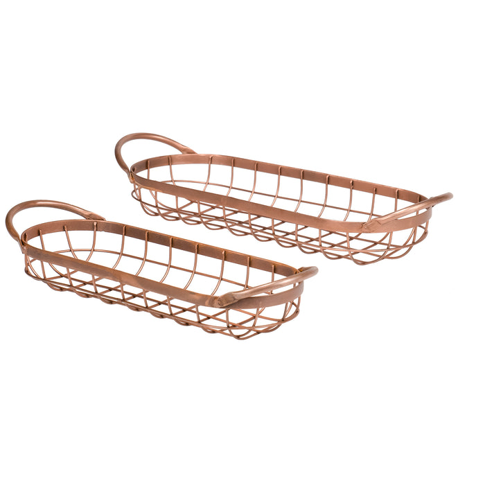 Red Co. Decorative Rustic Style Long Oval Metal Wire Bread Serving Basket Trays in Copper Finish with Handles – Set of 2 Sizes