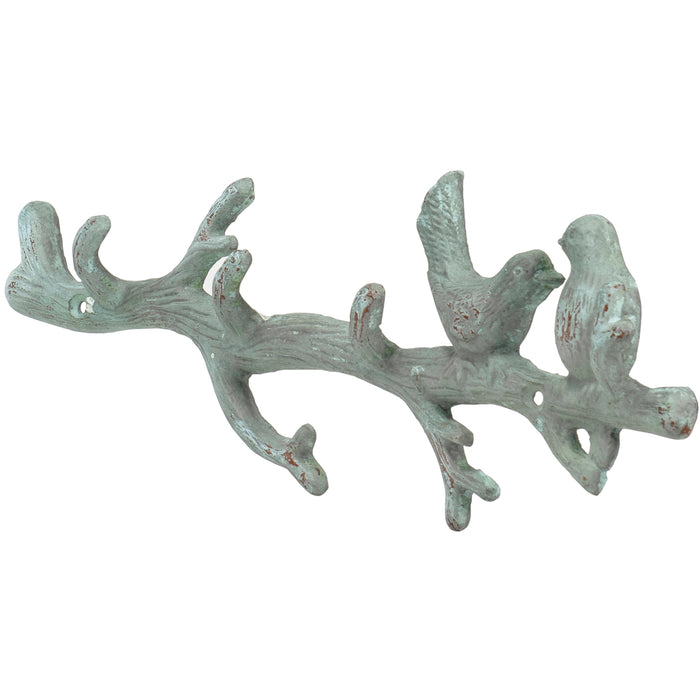 Red Co. Large Decorative Boho Style Verdigris Metal Wall Hanging Hook Rack for Coats, Hats, Keys, Towels, Clothes – Birds on Branch – 16.75 Inches