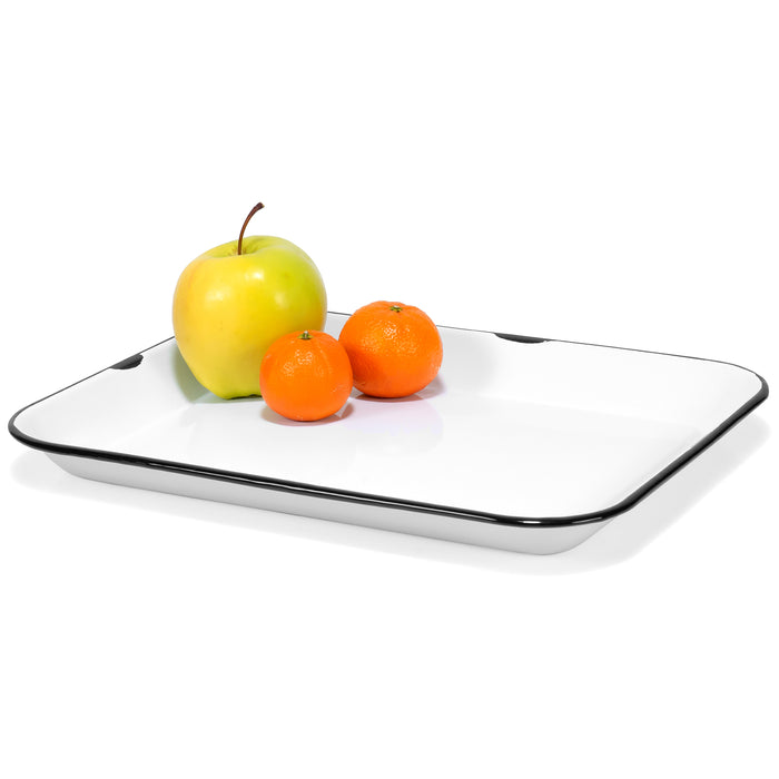 Red Co. 13.5” x 10” Enamelware Metal Classic 1.6-Quart Rectangular Serving Tray, Distressed White/Black Rim