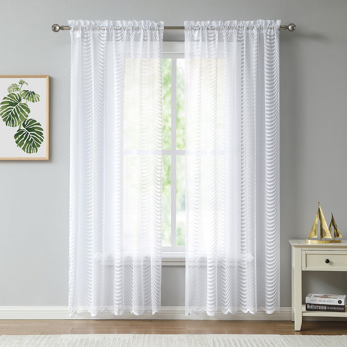 Red Co. Semi Sheer Wave Pattern Soft Decorative Rod Pocket White Curtains 2 Piece Set, 54" x 84"