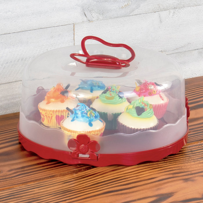 Red Co. Red Round Cake and Pastry Dessert Carrier Caddy Baking Pan Keeper Take Away Holder with Collapsible Butterfly Handles