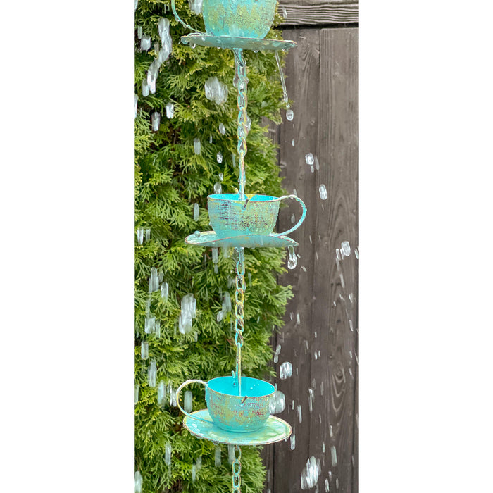 Red Co. 5-Foot Decorative Hanging Metal Rain Chain & Garden Rainwater Catcher – Green Patina Cup  & Saucer