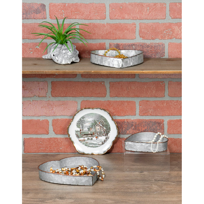 Red Co. Set of Decorative Nesting Galvanized Metal Heart Trays with Copper Rims in 3 Sizes, Distressed Grey/Rose Gold