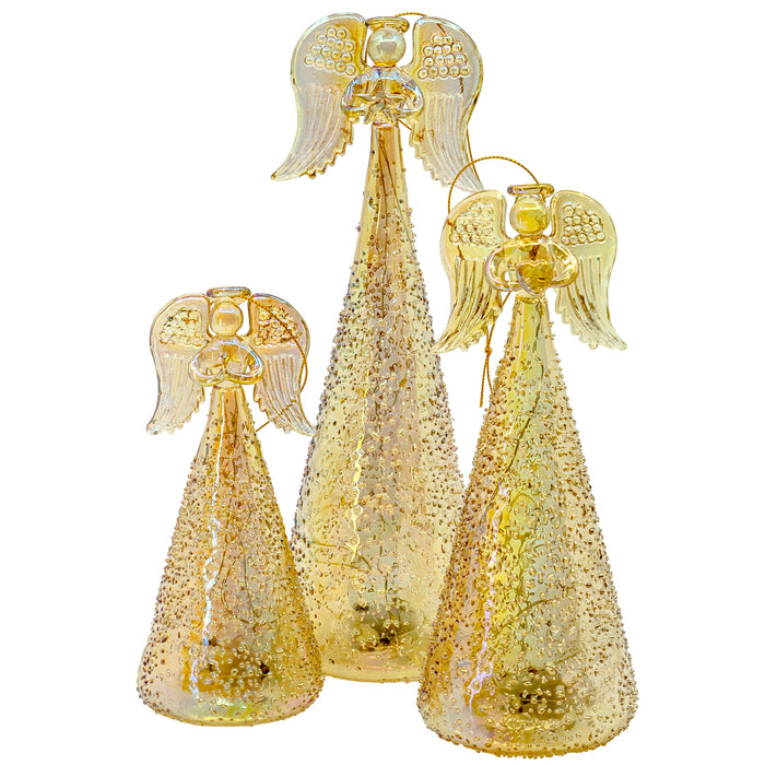 Red Co. Glass Christmas Holy Angel Figurine Ornaments, Iridescent Light-Up Holiday Season Decor, 9.5-inch, 8-inch, 6.5-inch, Set of 3