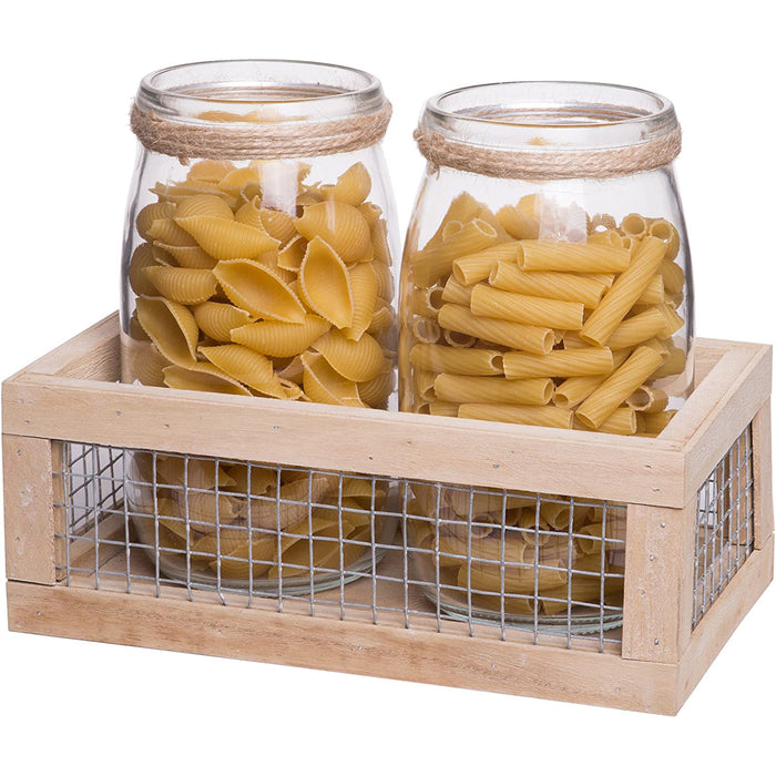 Decorative Mason Jars in Wooden Crate with Mesh Wire, Country Rustic Decor for Home and Kitchen