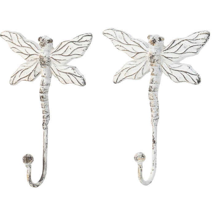 Red Co. Decorative Boho Chic Metal Wall Hanging Dragonfly Hooks in Distressed White Finish – Set of 2