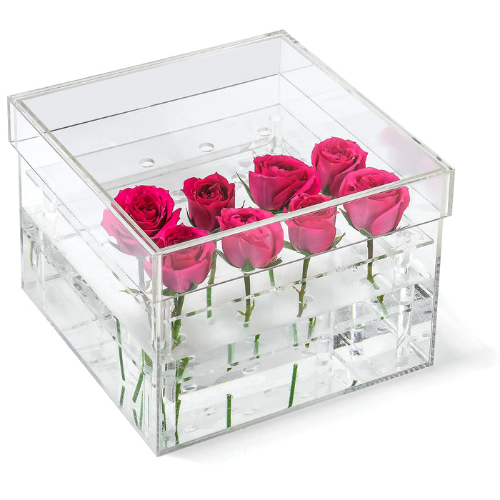 Red Co. 8” x 8” Decorative Square Clear Acrylic Flower Box Vase with 2 Tiers, 16 Slots, and Lid