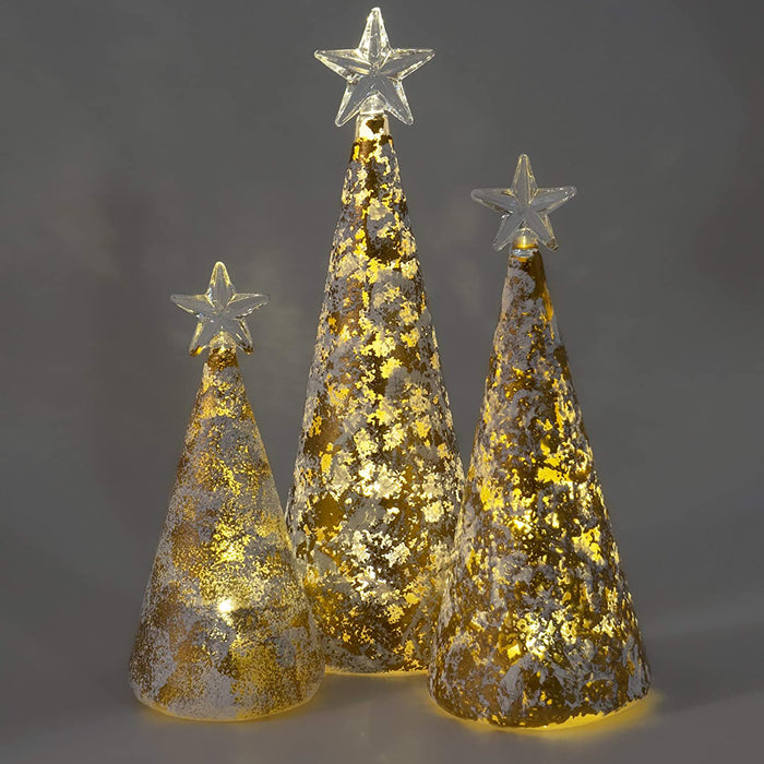 Red Co. Glass Christmas Tree Figurine Ornaments in Gold and Silver Finish, Light-Up Holiday Season Decor, 9.5-inch, 8-inch, 6.5-inch, Set of 3