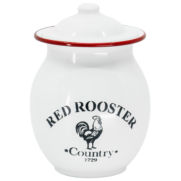 Red Co. All-Purpose Small Metal Canister with Red Rooster Logo and Lid, Solid White/Red Rim, 6-Inch