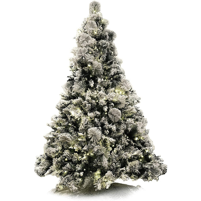 Red Co. 7.5 Foot Premium - Flocked Snowy Artificial Christmas Tree - 600 UL Warm White LED Lights with Metal Stand