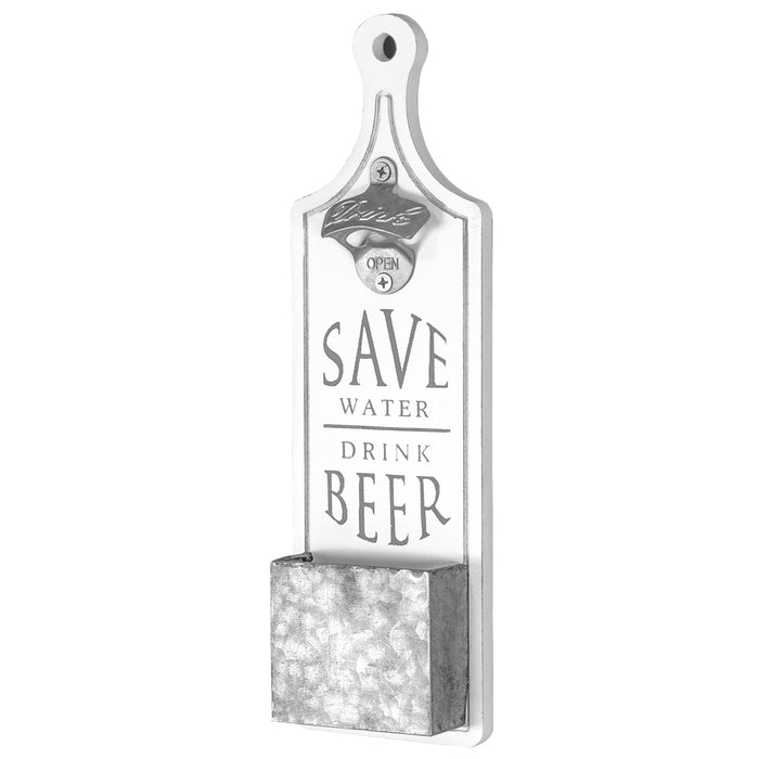 Red Co. Rustic Wall-Mounted"Save Water, Drink Beer" White Wood and Metal One-Handed Bottle Opener, Cap Catcher