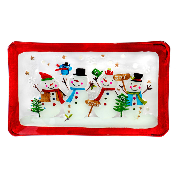 Red Co. 14" Vintage Inspired Glass Christmas Serving Tray and Cookie Platter - Classic Snowmen