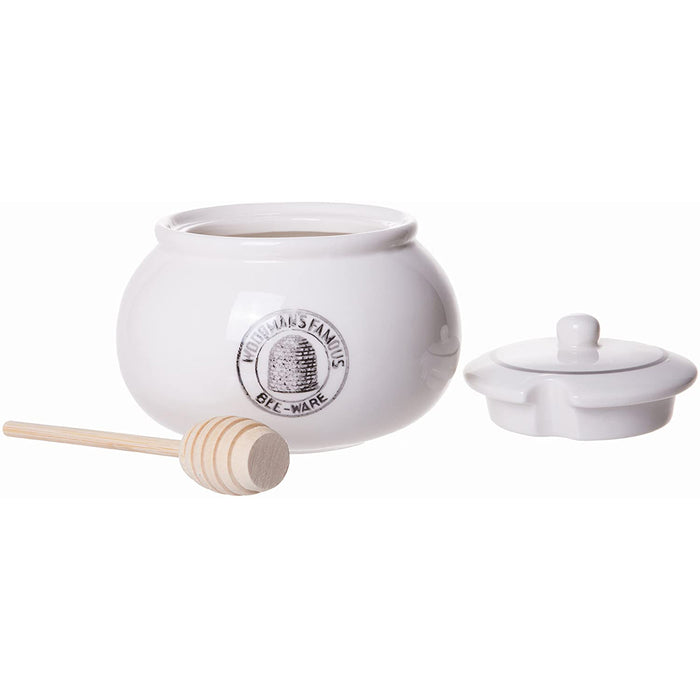 Classic Ceramic Stoneware Lidded Honey Jar with Wooden Dipper, White, 5-inch