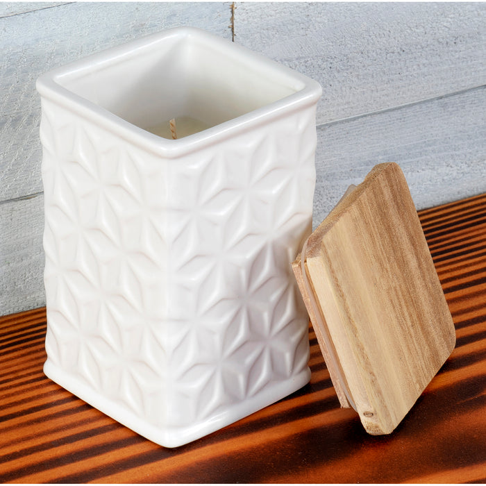 Swan Creek Highly Scented Pillar Candle in Square Ceramic Canister with Lid, White Collection – Assorted Patterns – Home for The Holidays, 13 oz.