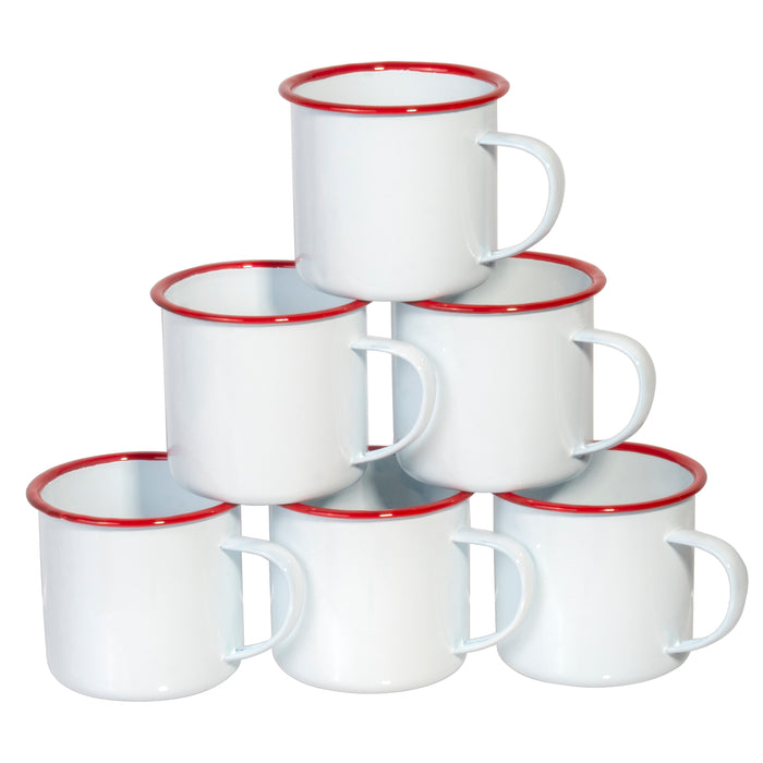 Small White Distressed Enamelware Tin Coffee Mugs with Colored Rim, Set of 6