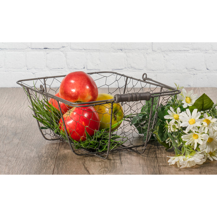 Red Co. All-Purpose Display Basket Bin, Gray Iron Metal Wire with Wooden Handle, Rectangular Shape, 8 Inches