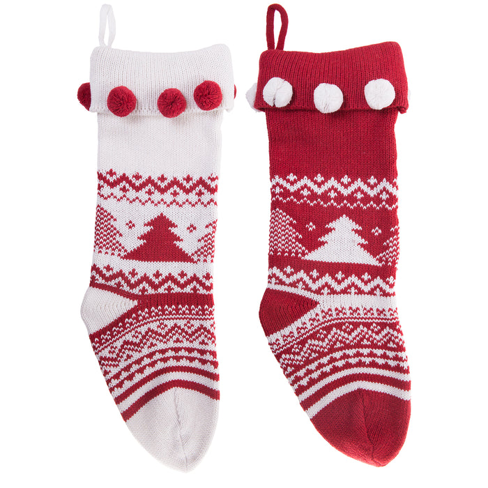 Knitted Christmas Stockings Traditional Holiday Season Santa Socks Classic Sweater Pattern Scandinavian Decoration for Mantel & Staircase Gift Holder - Set of 2