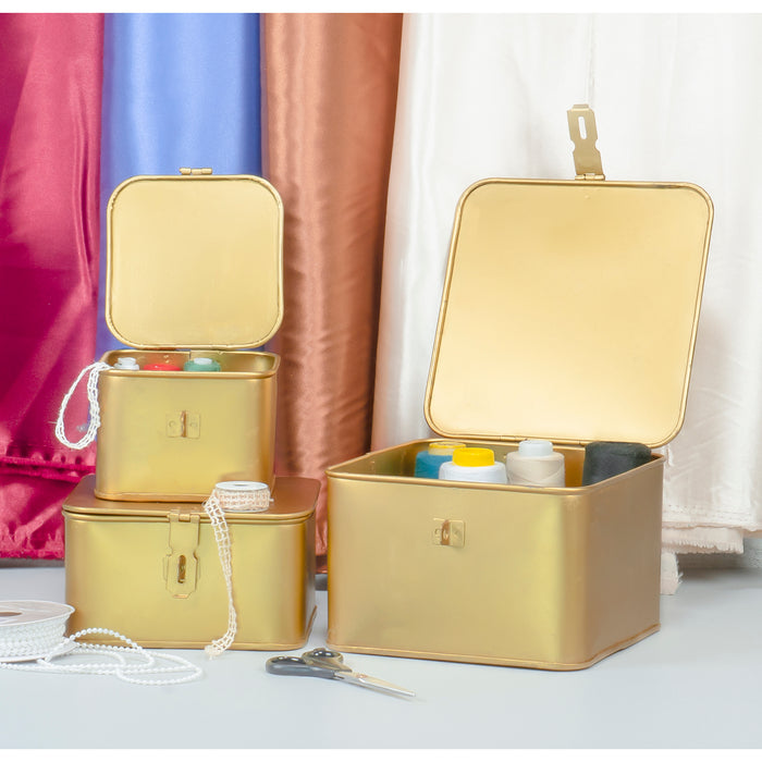 Red Co. Set of 3 Decorative Square Tub Metal Bucket Storage Boxes with Lids, Brass Finish