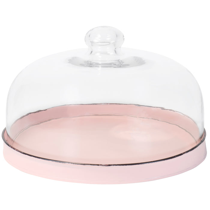 Red Co. Flat 9.75” Round Pink Metal Cake Stand with Clear Glass Cloche Dome with Knob