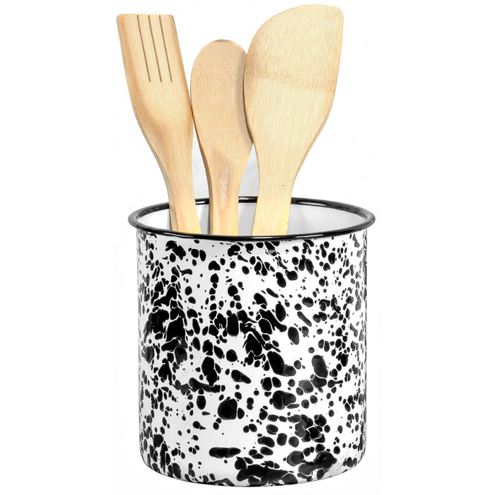 Red Co. 6” Tall Round Large Enamelware Metal Pail Utensil Holder, Black Splatter/Black Rim