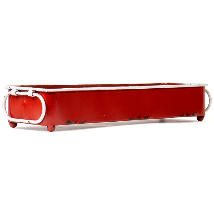 Red Co. Decorative Distressed Enamelware Metal Tray with Handles, Festive Red with White Trim - 16-Inch