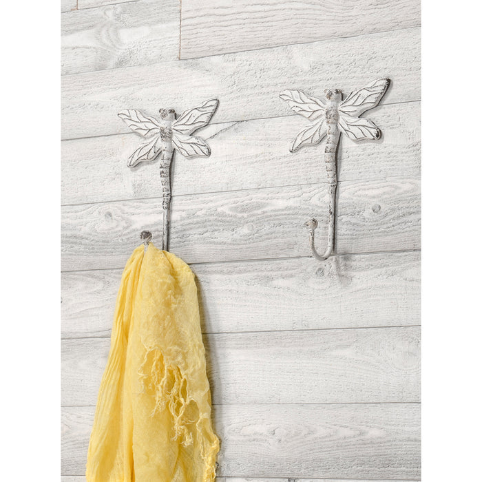 Red Co. Decorative Boho Chic Metal Wall Hanging Dragonfly Hooks in Distressed White Finish – Set of 2