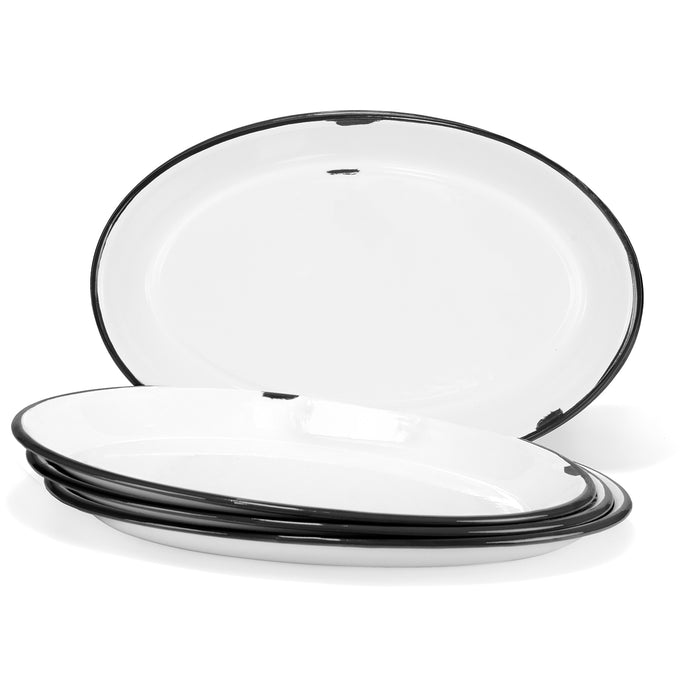 Red Co. Set of 4 Enamelware Metal Classic 13” Serving Oval Tray Platter, Distressed White/Black Rim