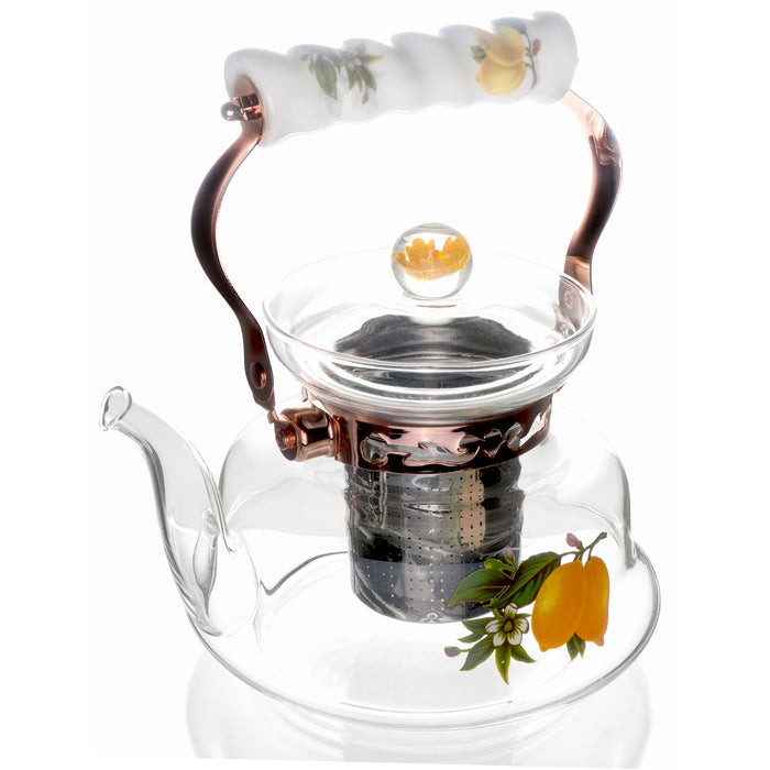 Floral European Style Glass Stovetop Teapot with Stainless Steel Infuser, 34 Ounce - Assorted Patterns