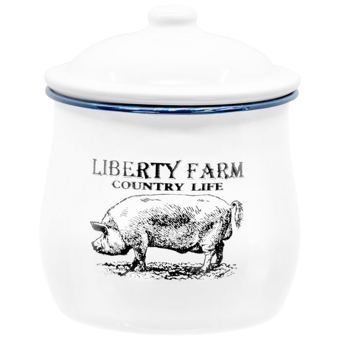 Red Co. All-Purpose Small Metal Canister with Liberty Farm Country Life Logo and Lid, Solid White/Blue Rim, 6-Inch