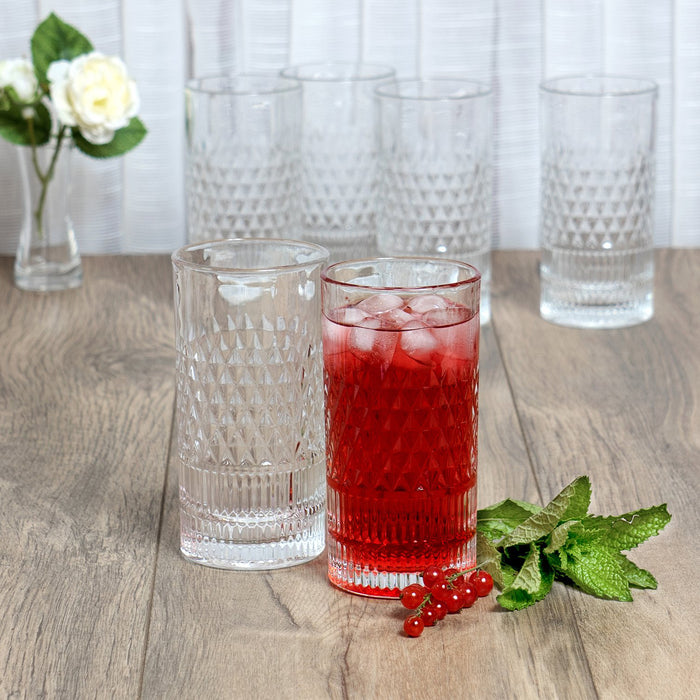 Red Co. Tall Clear Tumbler Glass with Diamond Etched Surface for Water, Juice, Beer, Whiskey, and Cocktails, 12 Ounce - Set of 6