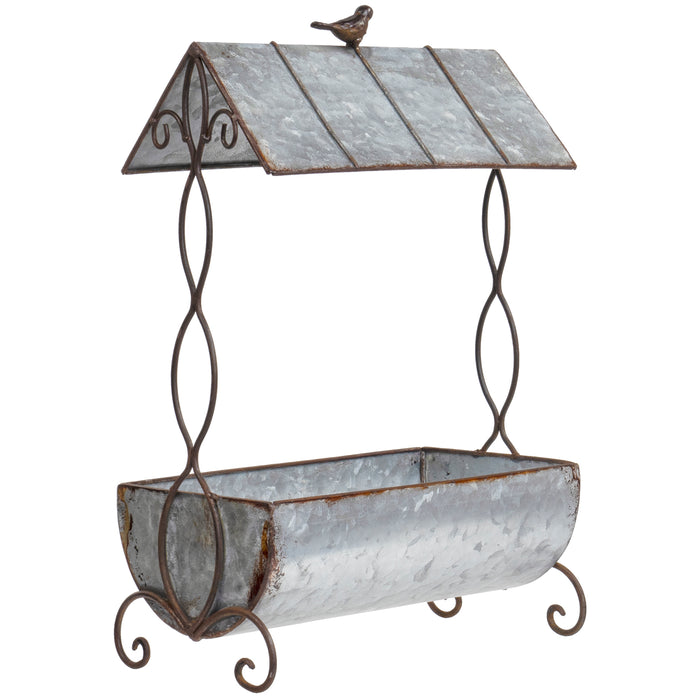 Red Co. Galvanized Metal Flowers and Garden Feeder with Roof Twisted Vine Design Bird Display Stand Planter Home Décor